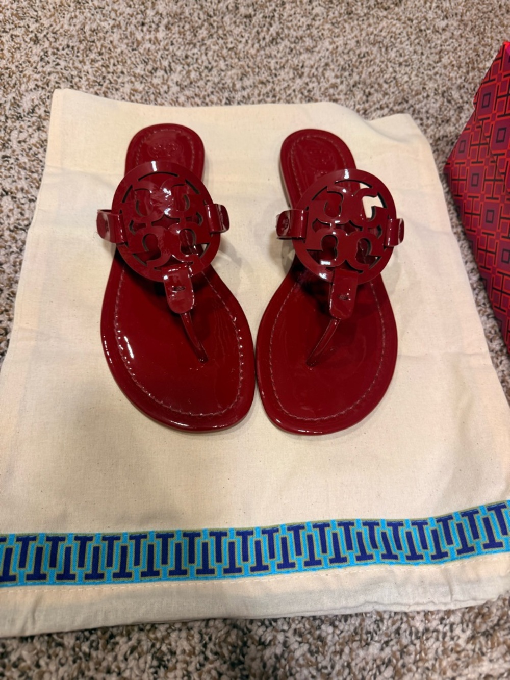 Tory Burch Red Patent Miller Logo Thong Sandals